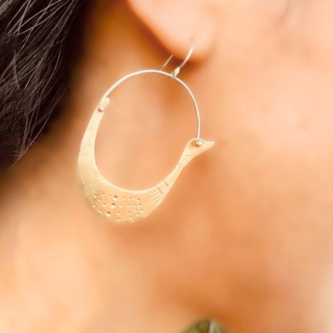 Water Loon Bird Brass & Silver Earring