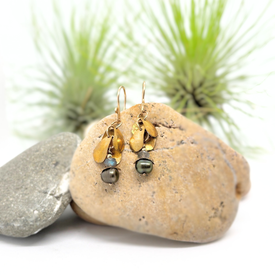 Peacock Freshwater Pearl + Faceted Labradorite Petal Earrings