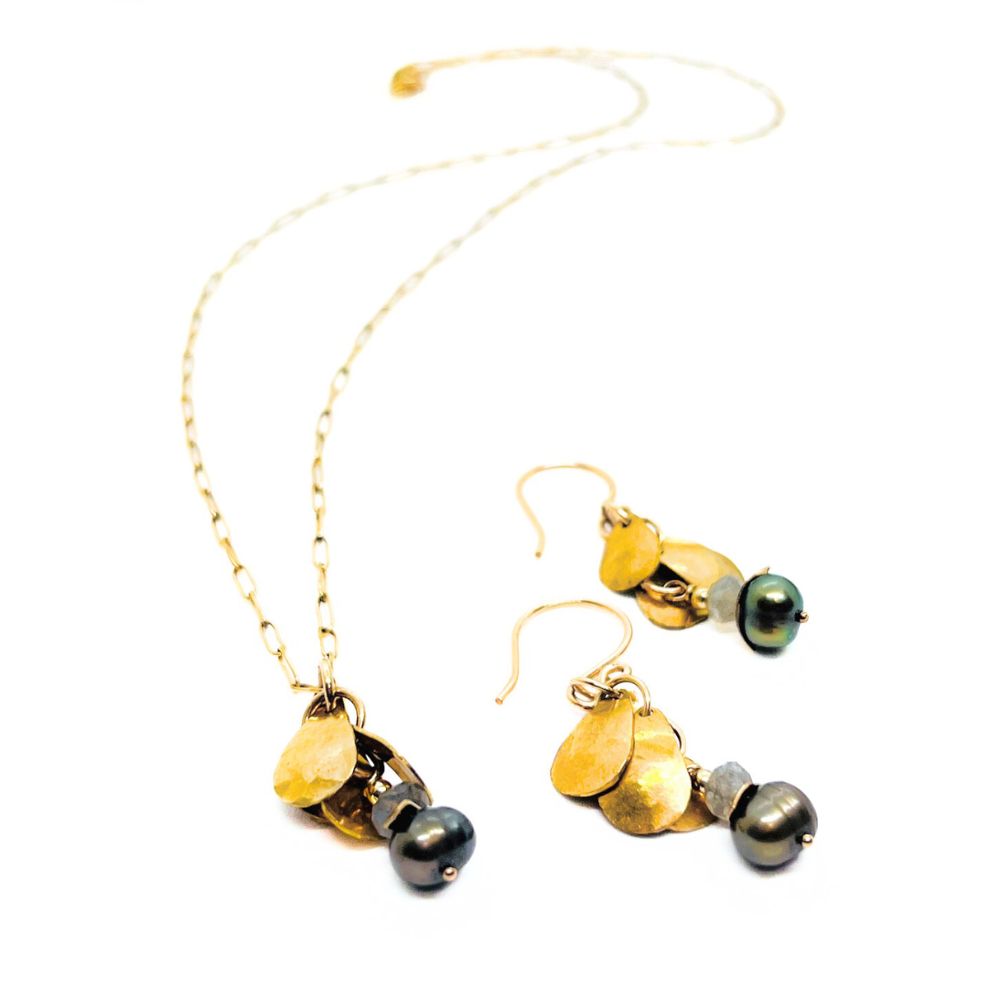 Peacock Freshwater Pearl + Faceted Labradorite Petal Earrings