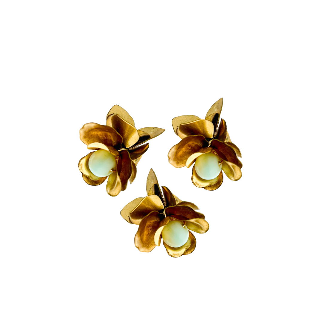 Bloom Trio Hair Pin - Floral Brass and Semi-Precious Beads