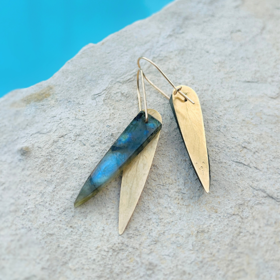 Labradorite Dagger and Brass Leaf Earring