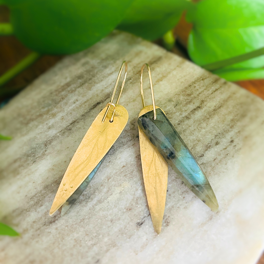 Labradorite Dagger and Brass Leaf Earring