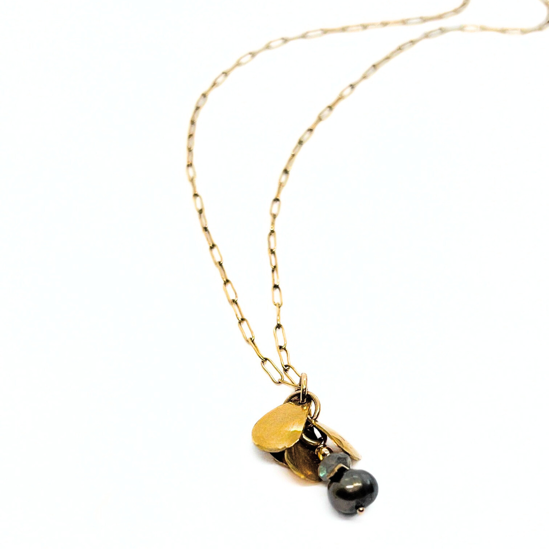 Peacock Freshwater Pearl + Faceted Labradorite Petal Necklace