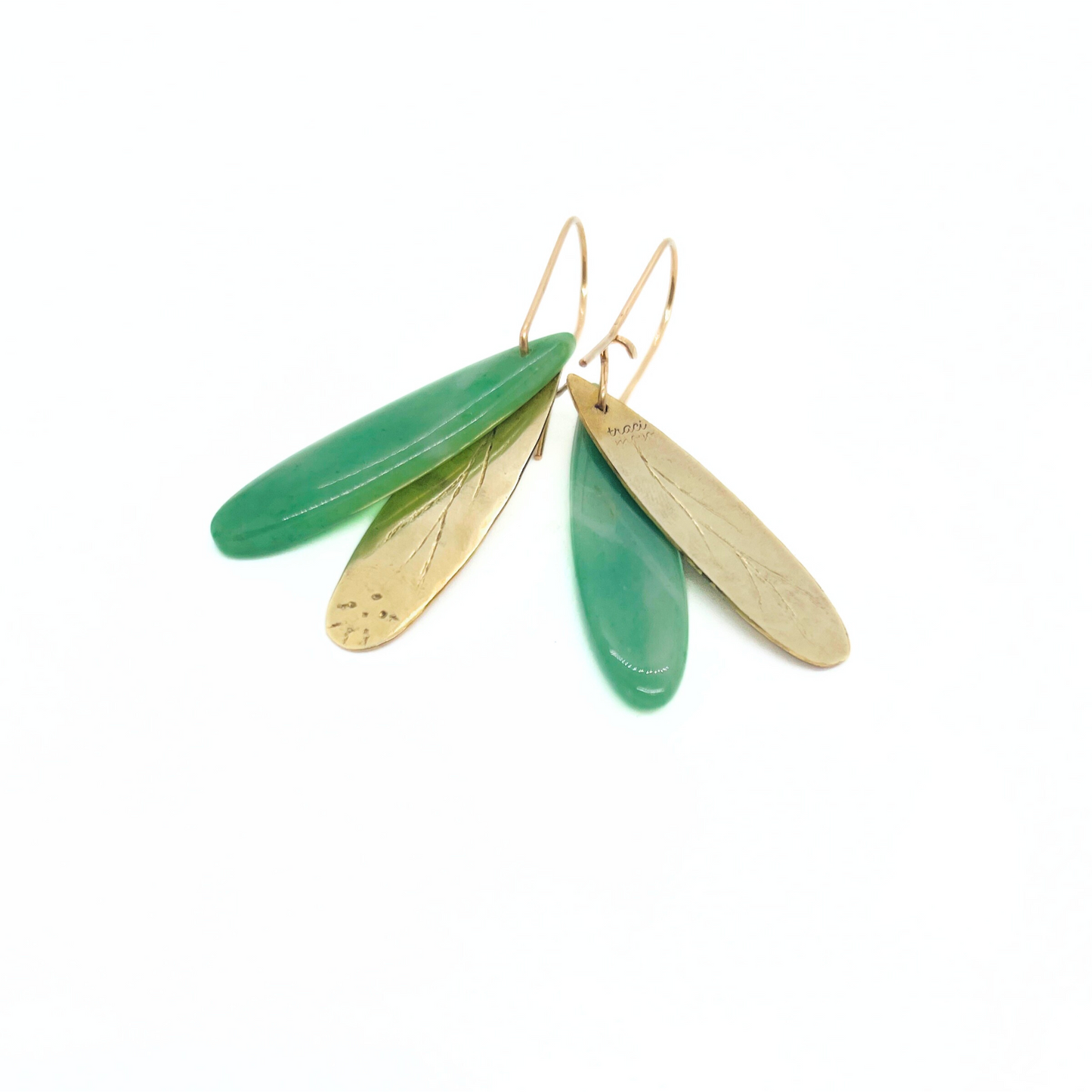 Brazilian Green Jade and Brass Drop Earrings