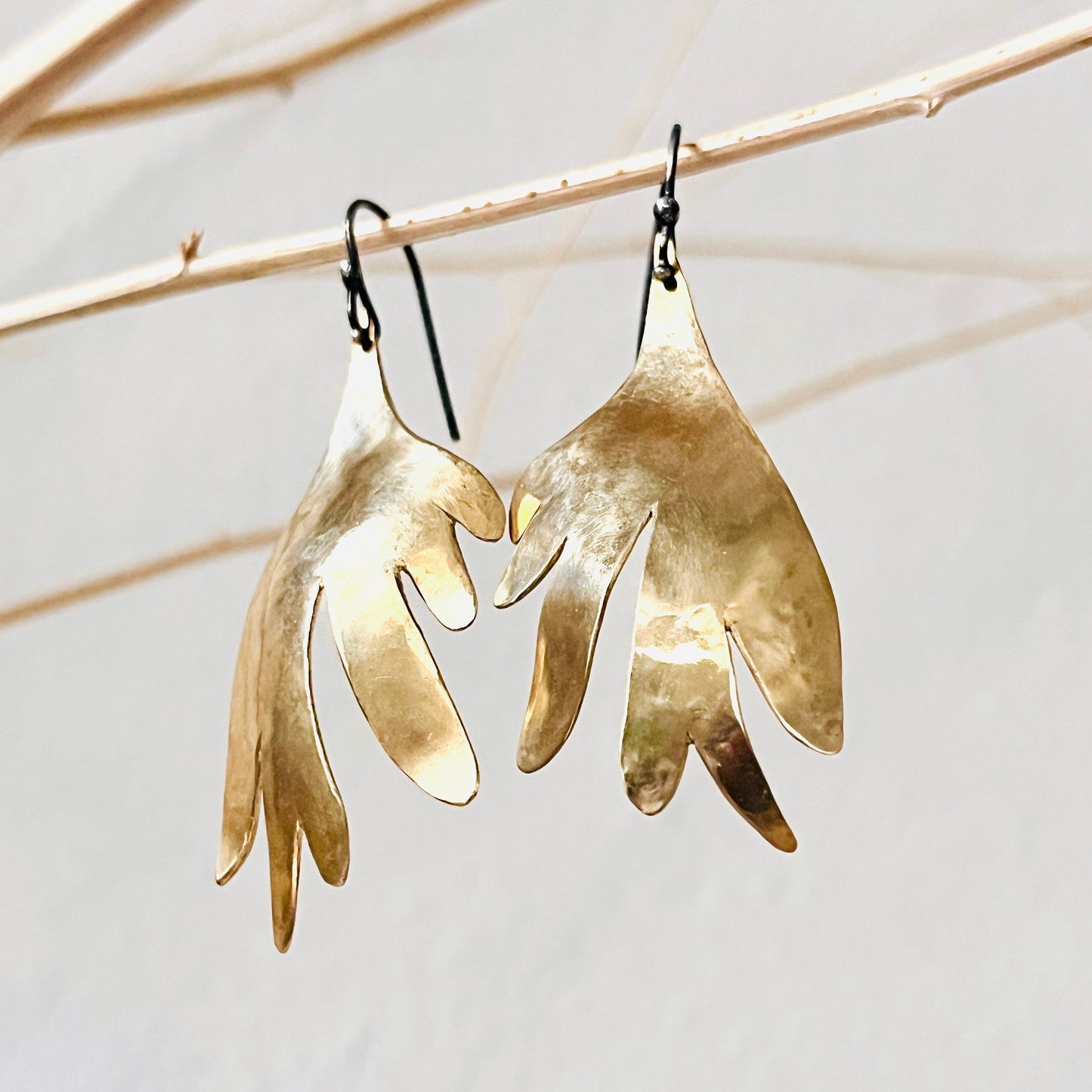 Gold Staghorn Fern Earrings with Oxidized Sterling Silver