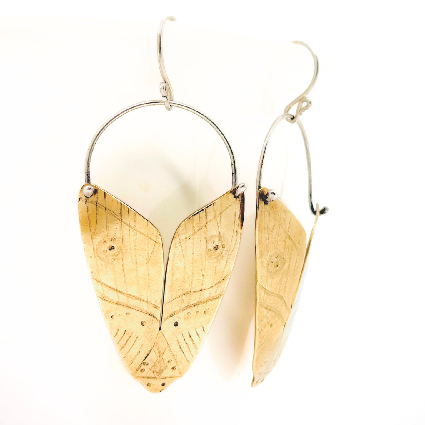 Hand Forged and Etched Brass Moth Earrings