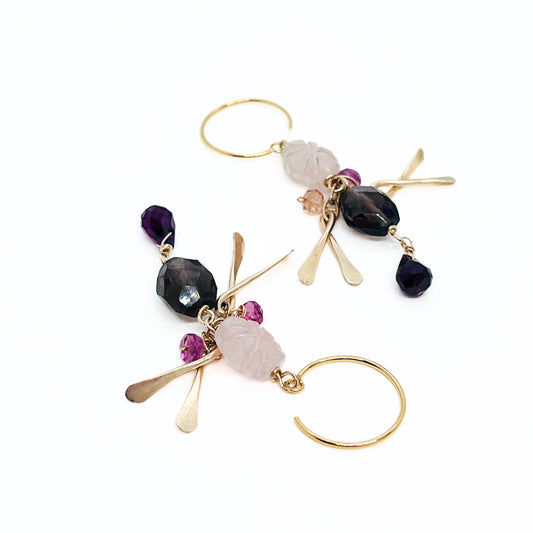 Rose Quartz, Pink Tourmaline, Smoky Quartz and Garnet Drop Earrings