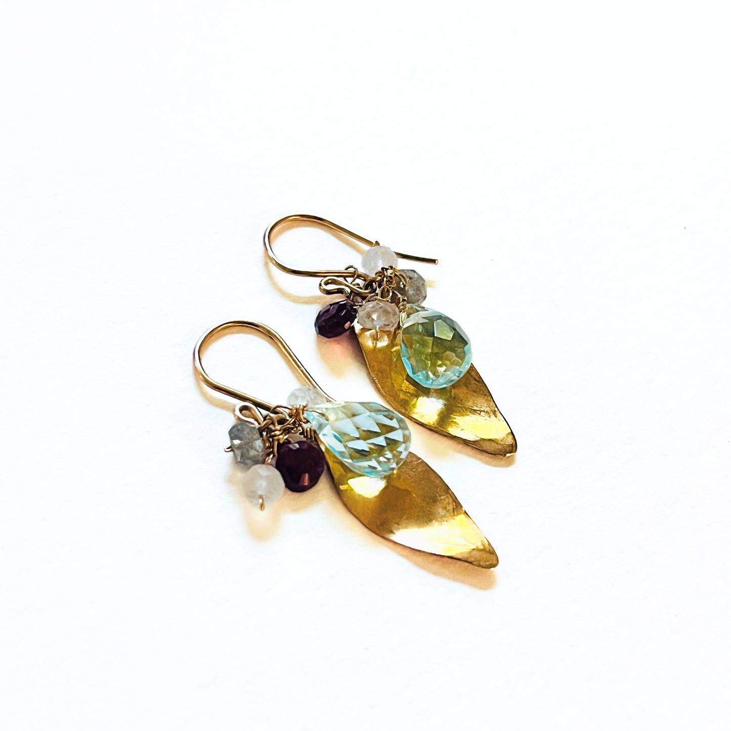 Garnet, Labradorite, Moonstone, Glass and Gold Leaf Earrings