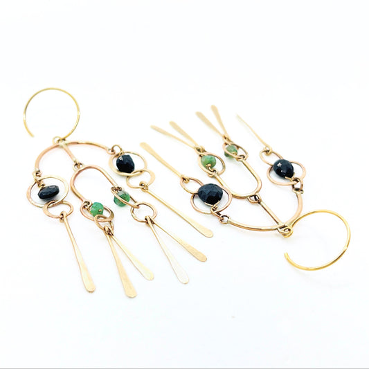 Floating orbit Double Arch Chime Mobile Earring with Black Spinel and Raw Emerald