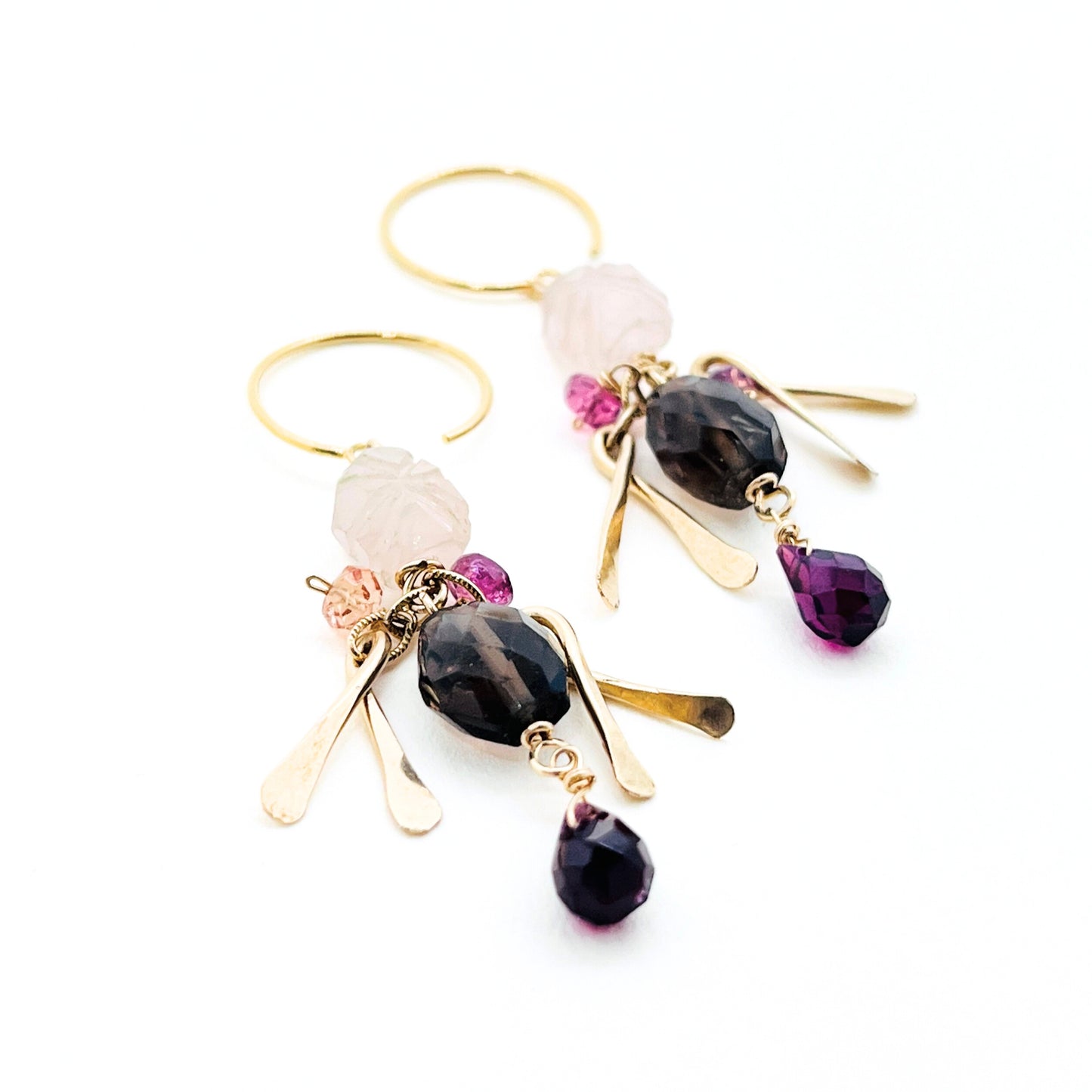 Rose Quartz, Pink Tourmaline, Smoky Quartz and Garnet Drop Earrings