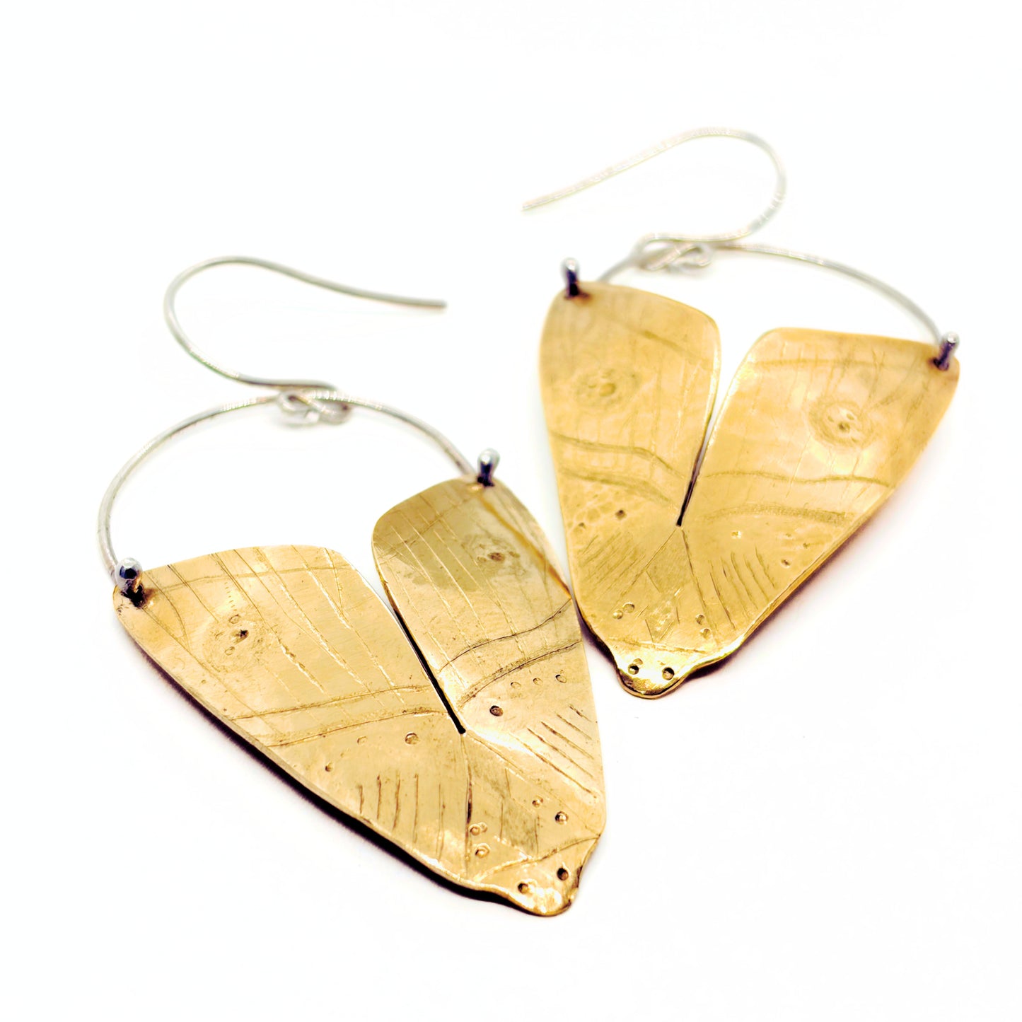 Hand Forged and Etched Brass Moth Earrings