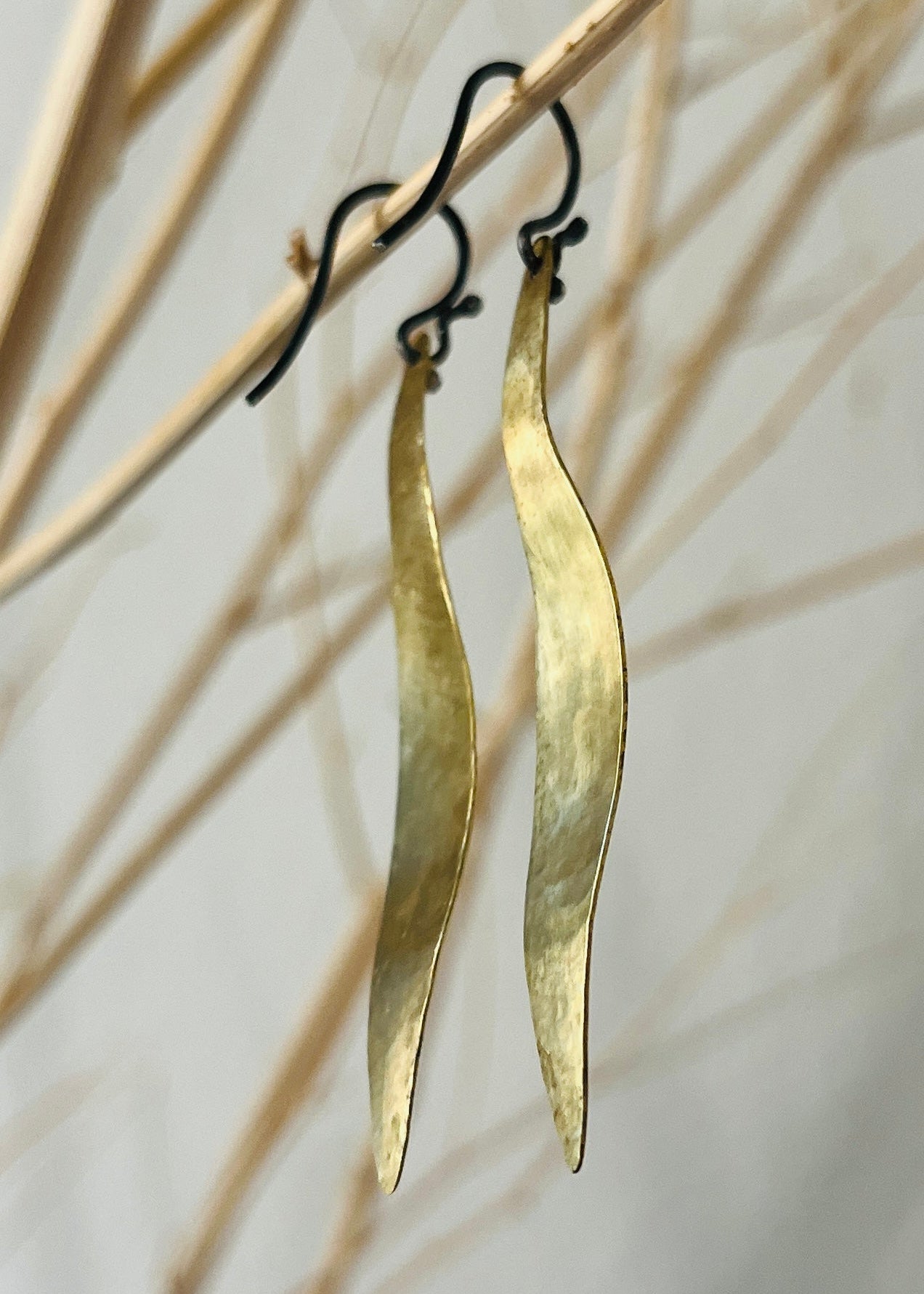 Gold Willow Leaf Earrings with Oxidized Silver