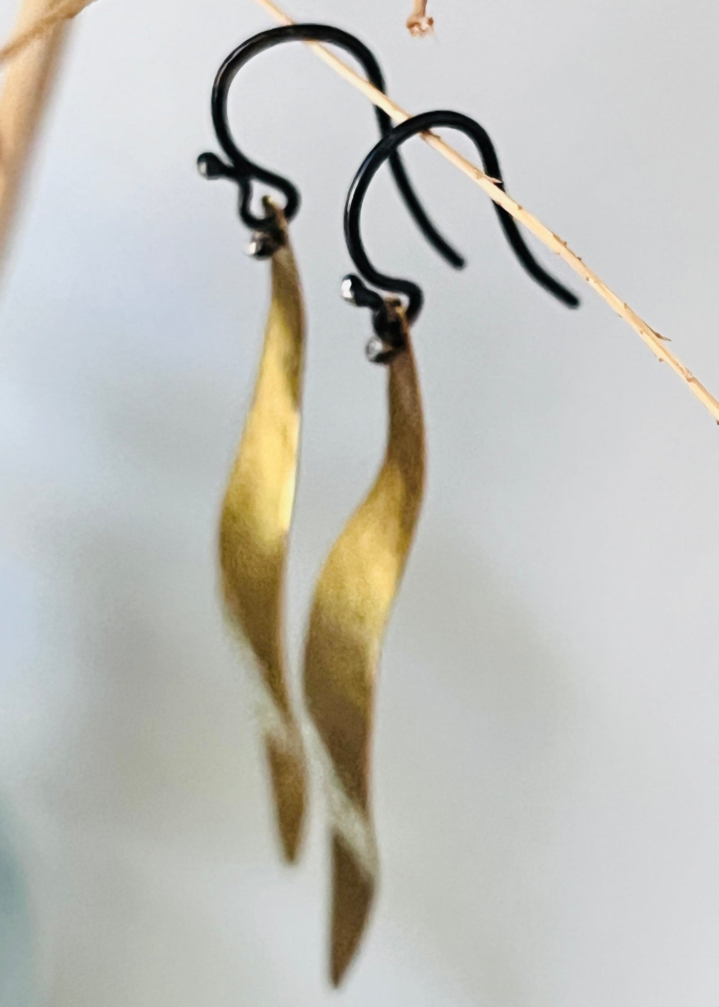 Gold Willow Leaf Earrings with Oxidized Silver
