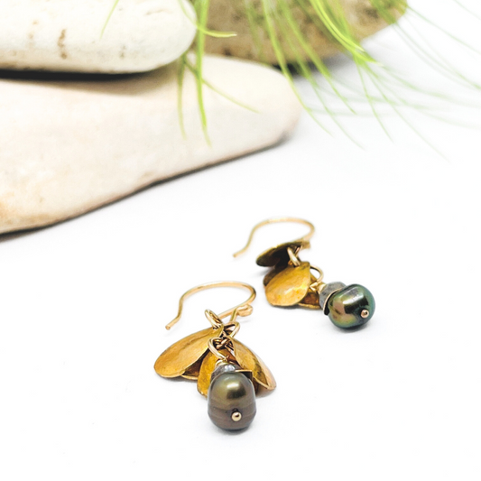 Peacock Freshwater Pearl + Faceted Labradorite Petal Earrings
