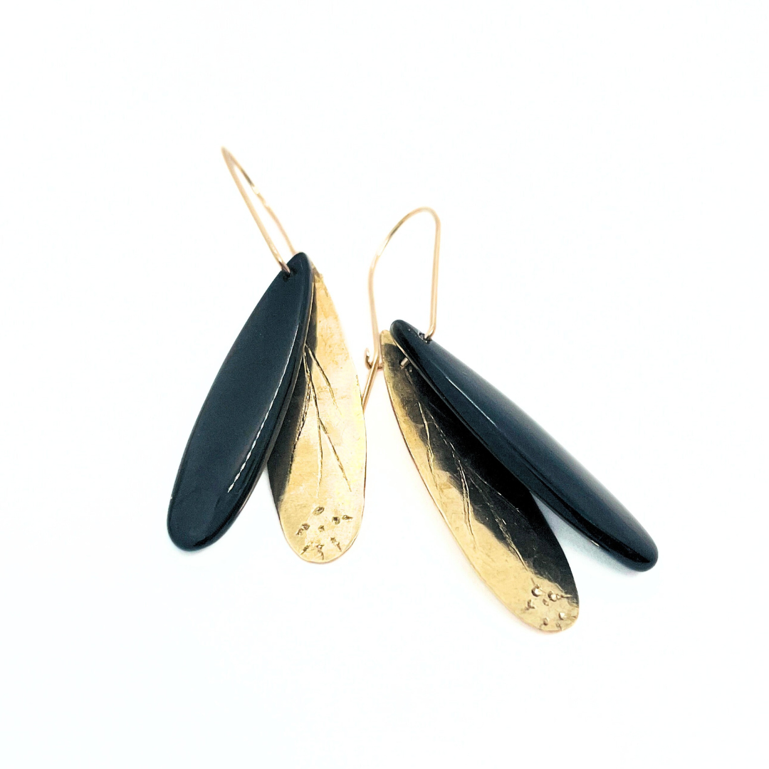 Black Obsidian and Brass Drop Earrings