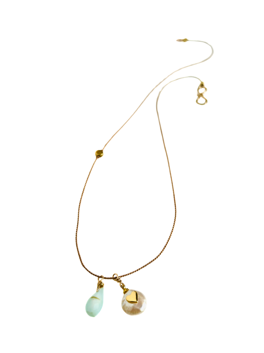 Peruvian Opal and Freshwater Pearl with Gold Heart Silk Cord Necklace