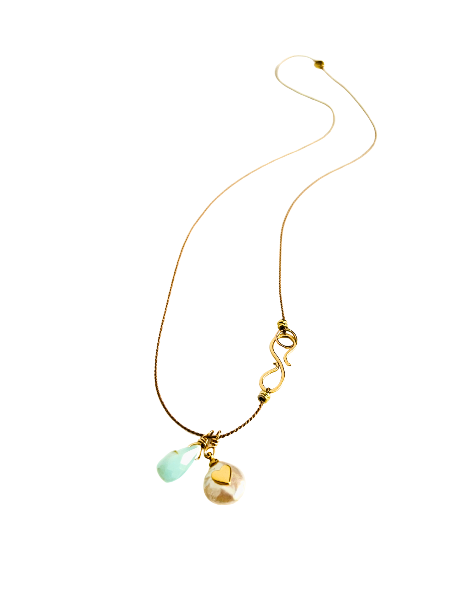 Peruvian Opal and Freshwater Pearl with Gold Heart Silk Cord Necklace
