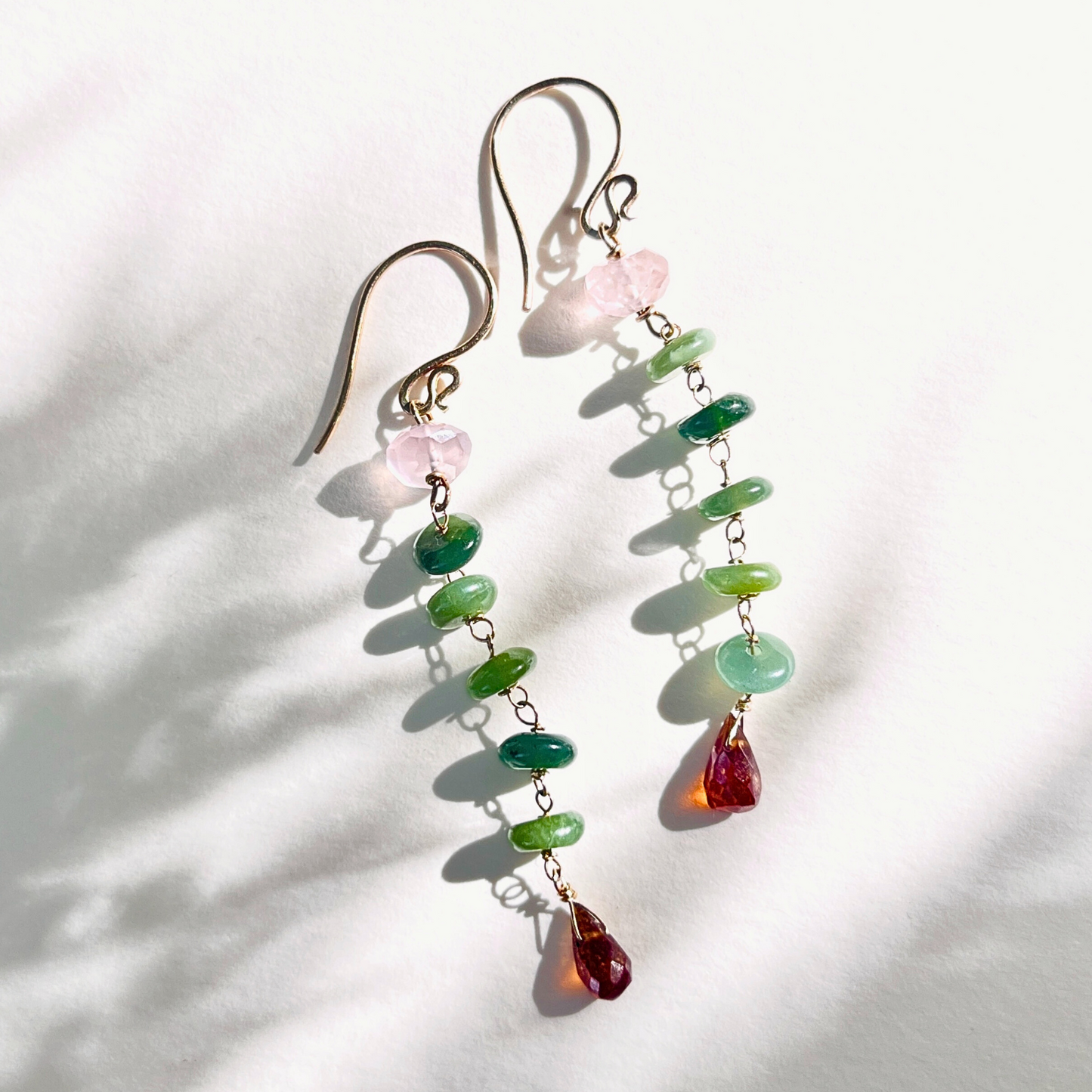 Gold, Rose Quartz, Russian Jade, and Topaz Drop Earrings