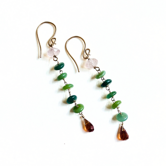 Gold, Rose Quartz, Russian Jade, and Topaz Drop Earrings