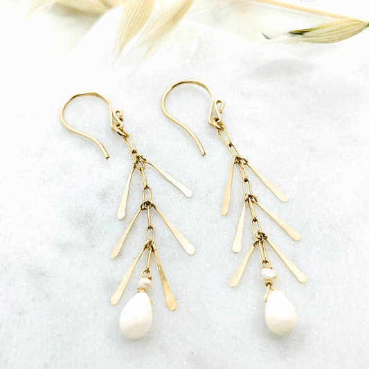 Fringe Drop Earrings with Freshwater Pearl and Coral