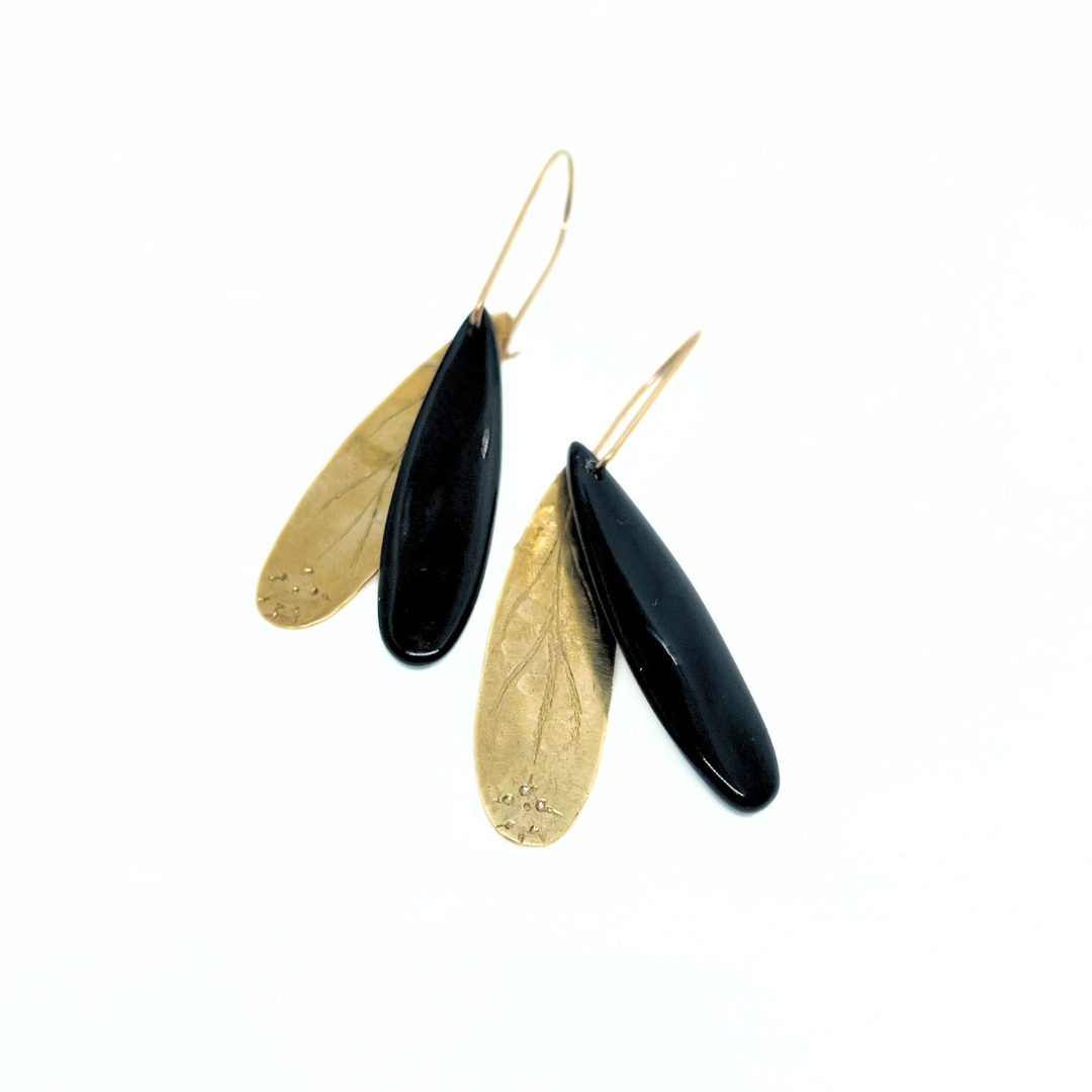 Black Obsidian and Brass Drop Earrings