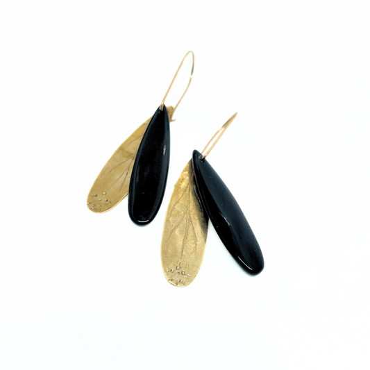 Black Obsidian and Brass Drop Earrings