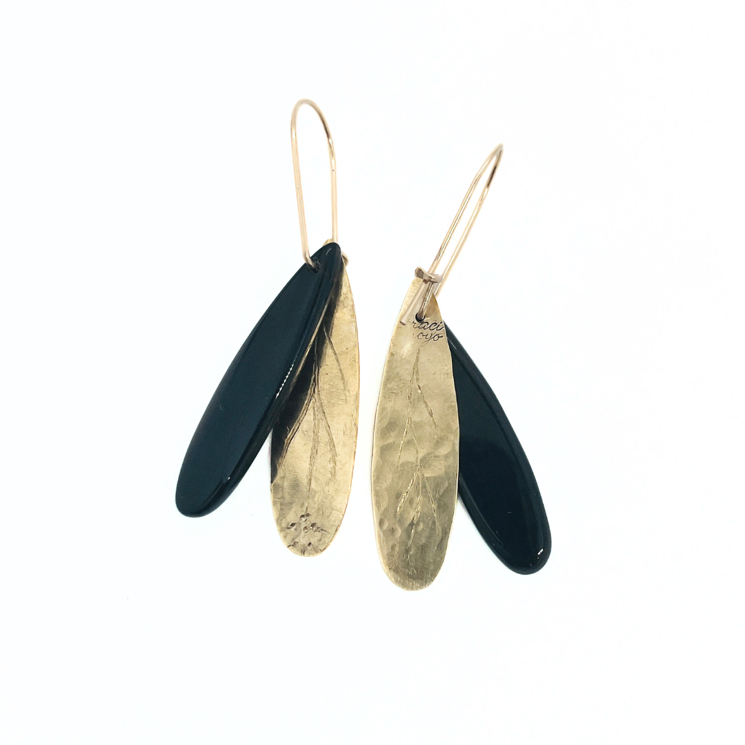 Black Obsidian and Brass Drop Earrings