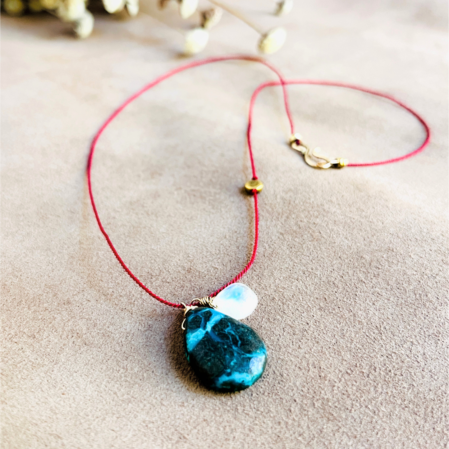 Turquoise and Moonstone Silk Cord Necklace