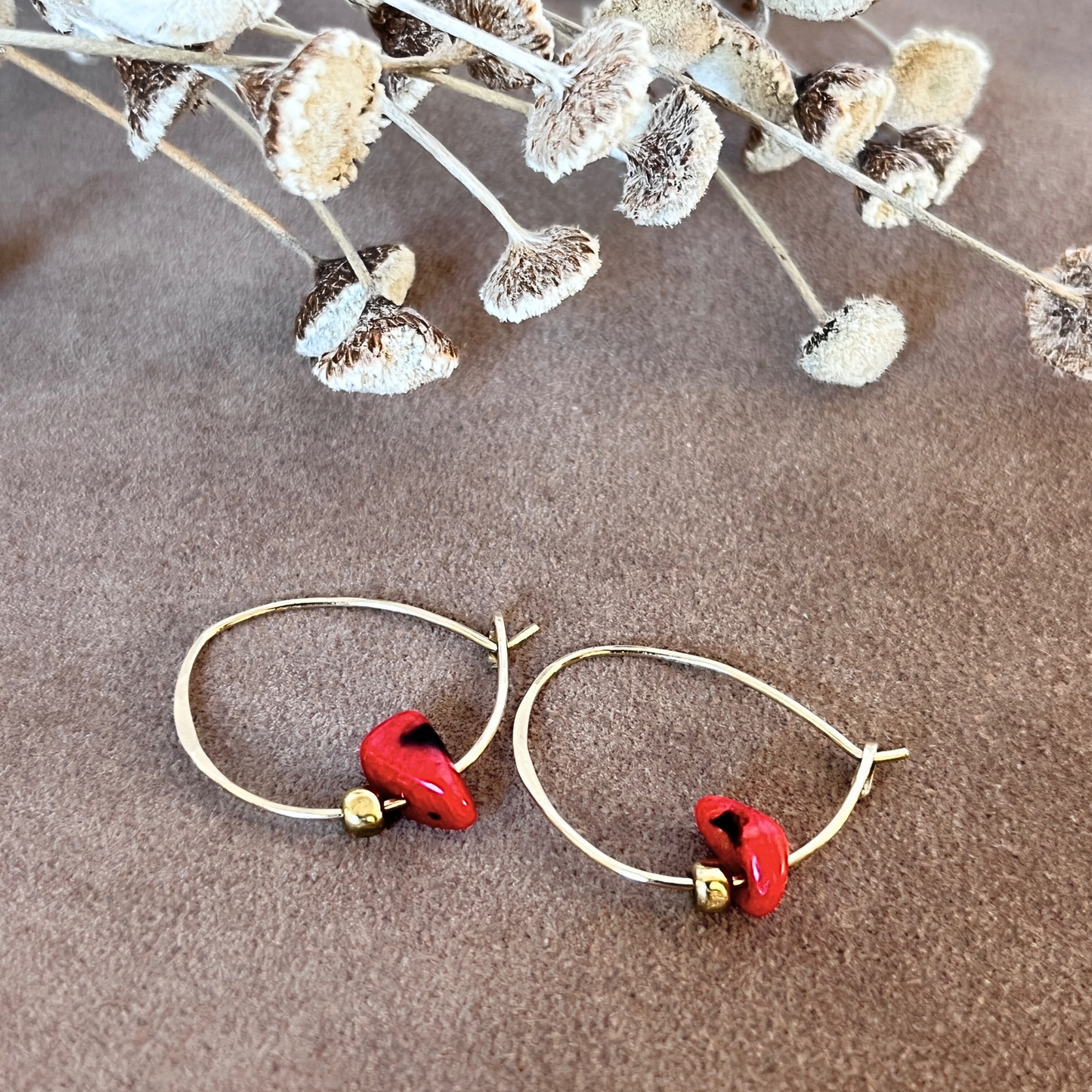 Gold and Red Coral Half Hoop Earring