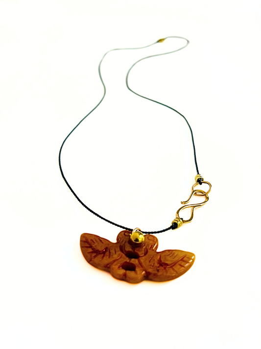 Carved Quartz Love Bird and Silk Cord Necklace