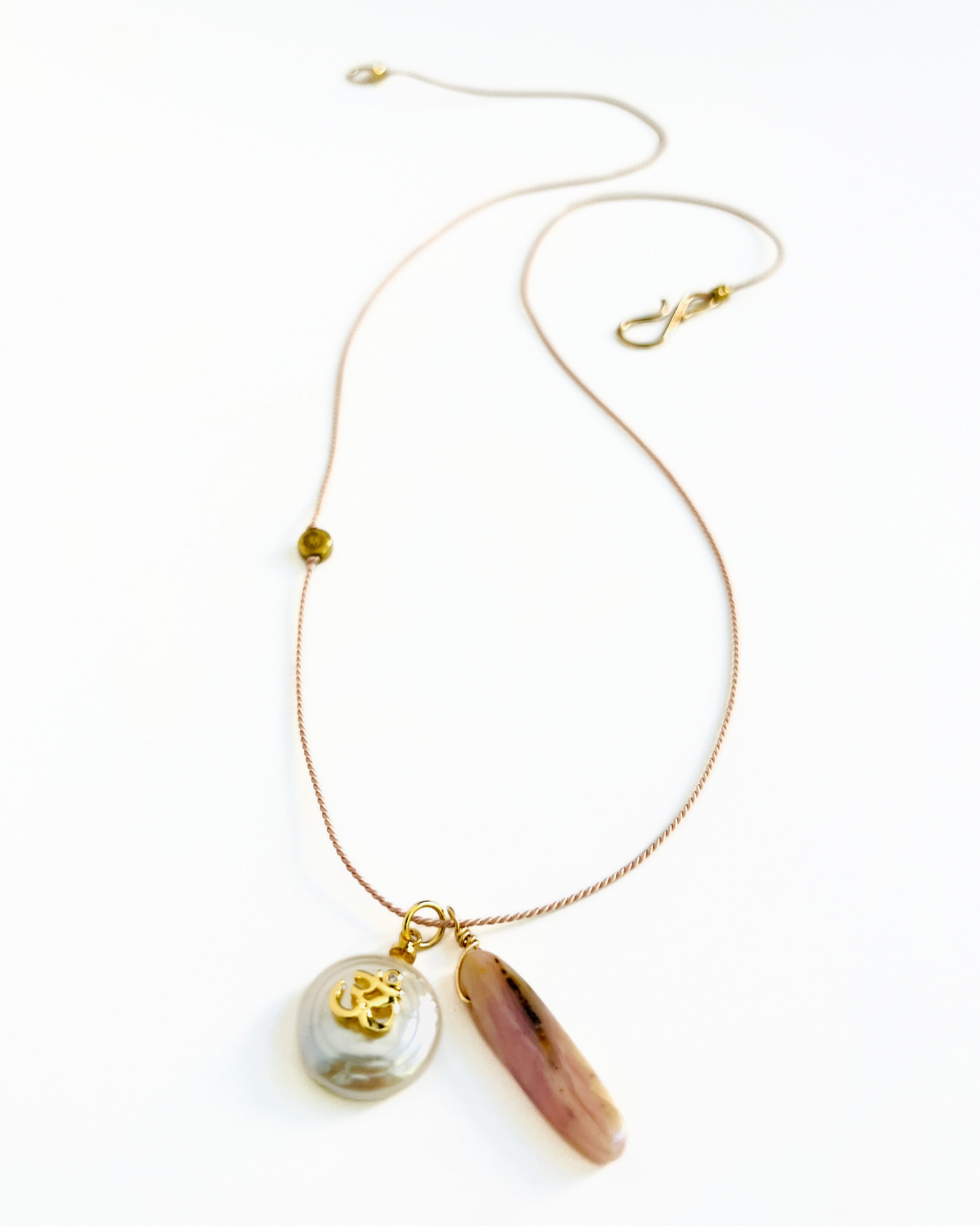 Pink Peruvian Opal and Freshwater Pearl Silk Cord Necklace