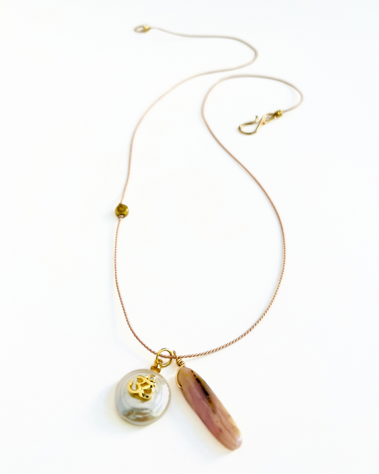 Pink Peruvian Opal and Freshwater Pearl Silk Cord Necklace