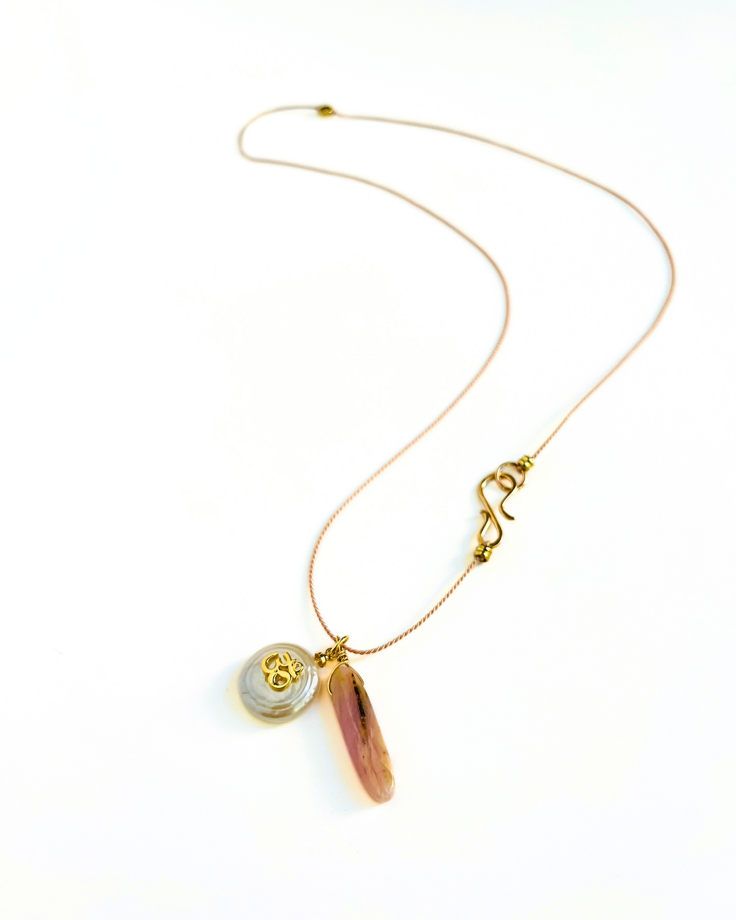 Pink Peruvian Opal and Freshwater Pearl Silk Cord Necklace