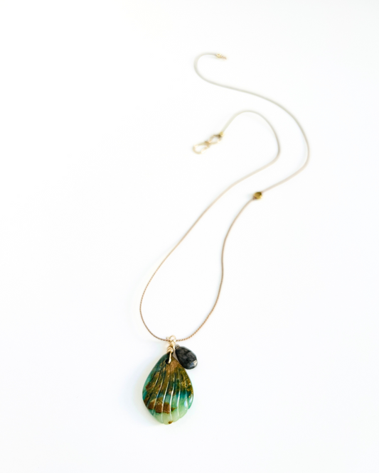 Carved Peruvian Opal with Labradorite Silk Cord Necklace