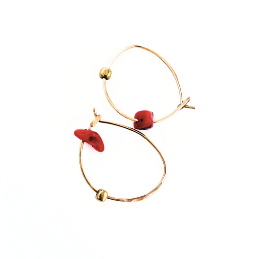 Gold and Red Coral Half Hoop Earring