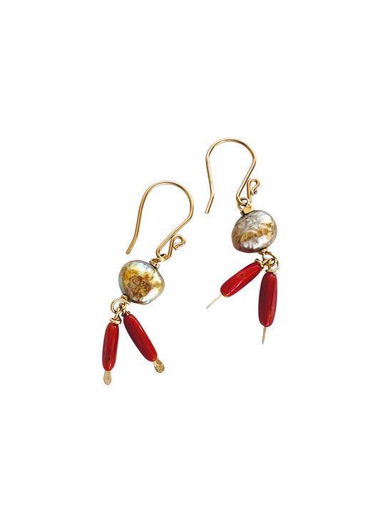 Freshwater Pearl and Red Coral Earring