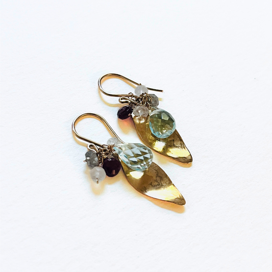 Garnet, Labradorite, Moonstone, Glass and Gold Leaf Earrings