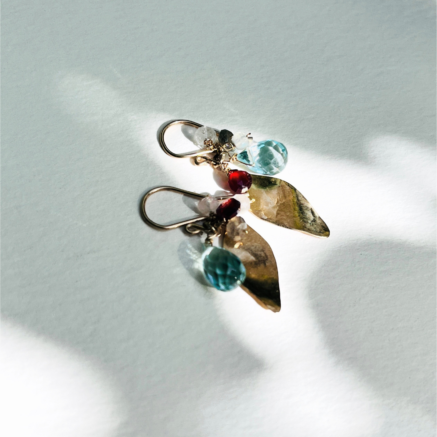 Garnet, Labradorite, Moonstone, Glass and Gold Leaf Earrings