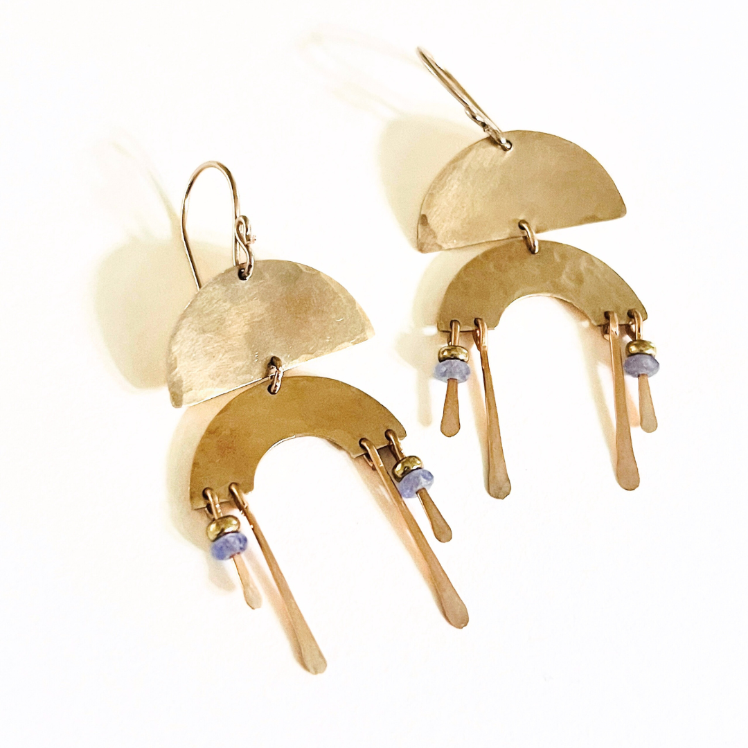 Gold Moon Chime Duo Earrings with Tanzanite