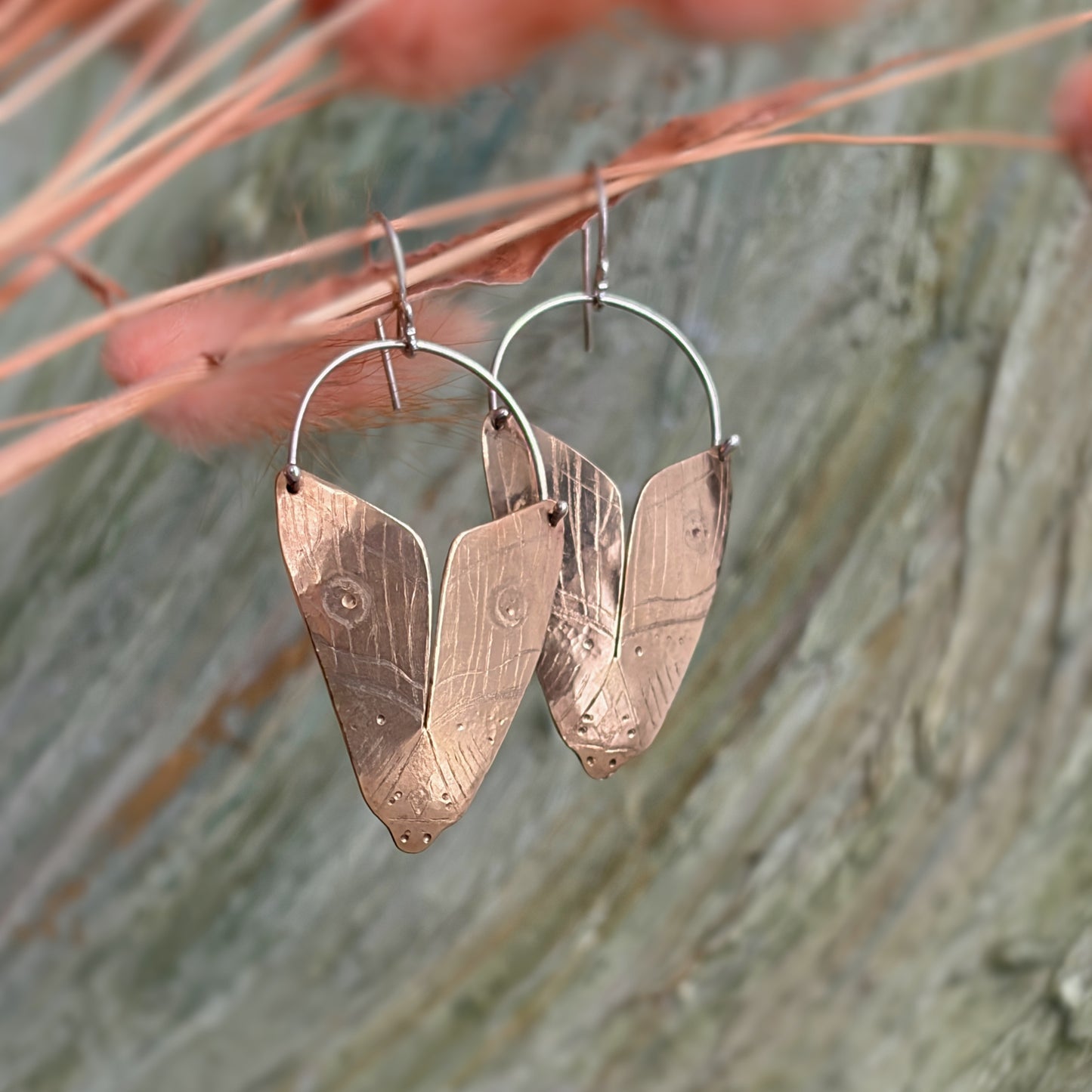 Hand Forged and Etched Brass Moth Earrings