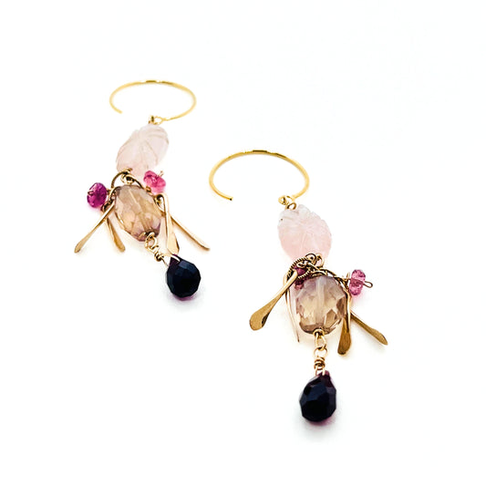 Rose Quartz, Pink Tourmaline, Smoky Quartz and Garnet Drop Earrings