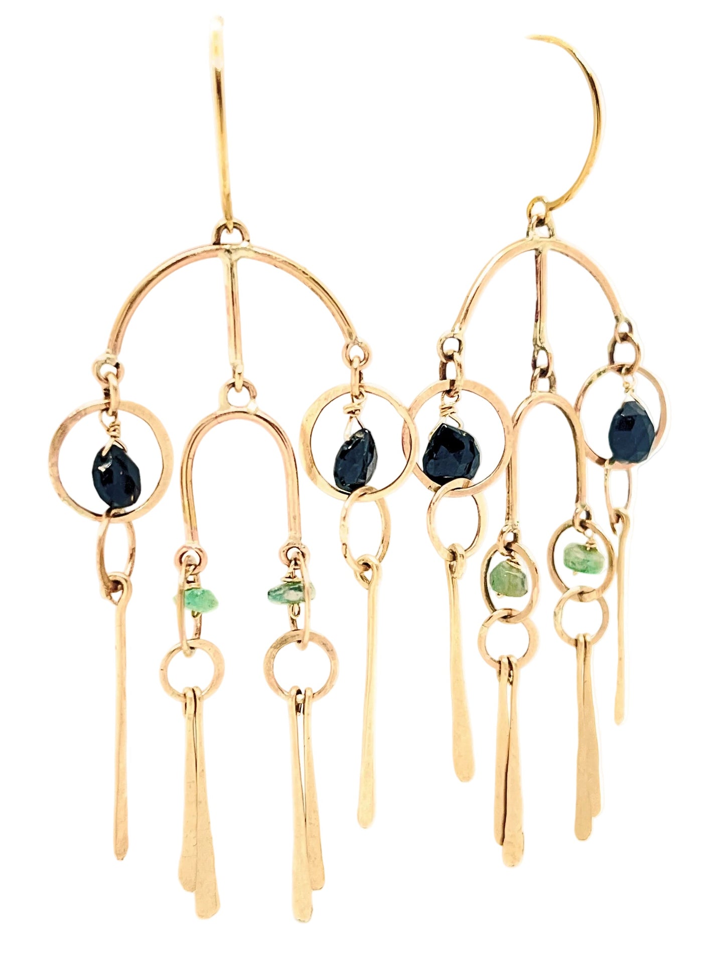 Floating orbit Double Arch Chime Mobile Earring with Black Spinel and Raw Emerald