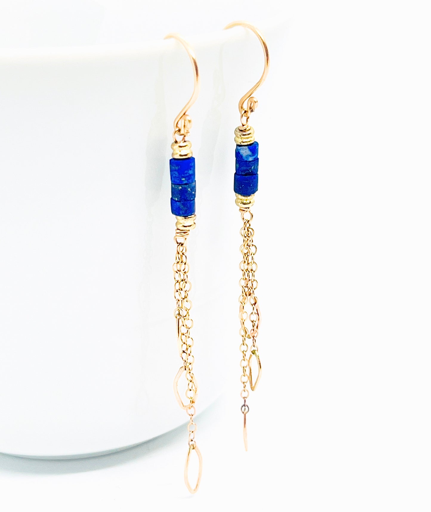 Lapis Heishi Leaf Trio Chain Earring